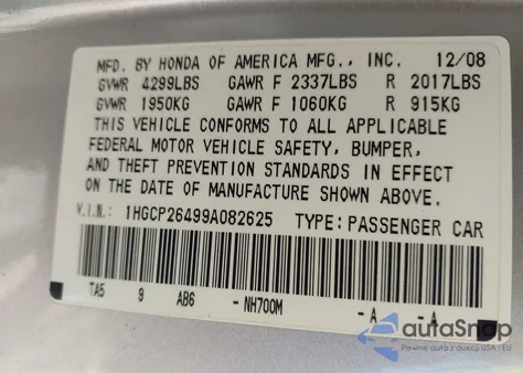 2009 Honda Accord Lxp from USA, damaged, VIN 1HGCP26499A082625